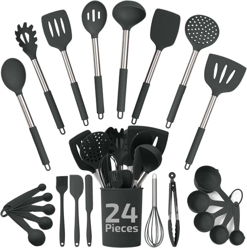 Silicone Kitchen Utensils Set, Culinary Couture 24-Pieces Grey Cooking Utensils for Nonstick Cookware