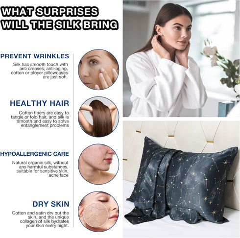 MANSPHIL 100% Mulberry Silk Pillowcase for Hair and Skin, Black Galaxy Pattern - Premium 22 Momme Charmeuse Silk Pillow