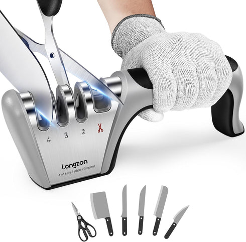4-in-1 Knife Sharpener with Cut-Resistant Glove, Original Premium Polish Blades, Best Kitchen Knife Sharpener