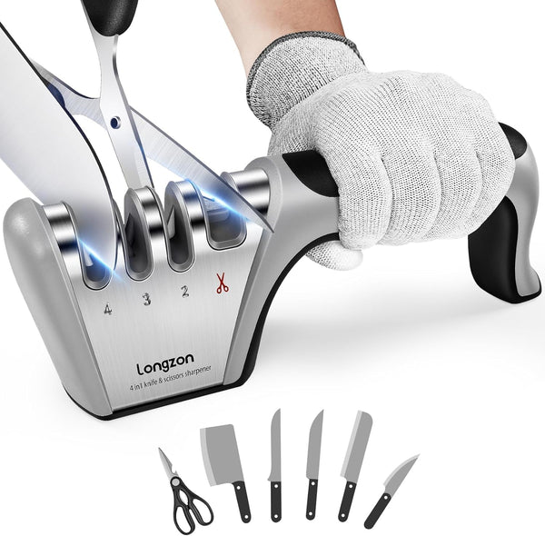 4-in-1 Knife Sharpener with Cut-Resistant Glove, Original Premium Polish Blades, Best Kitchen Knife Sharpener