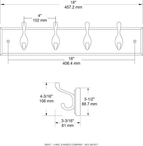 Liberty Hardware 129847 18-Inch Coat and Hat Rack with 4 Heavy Duty Hooks, White