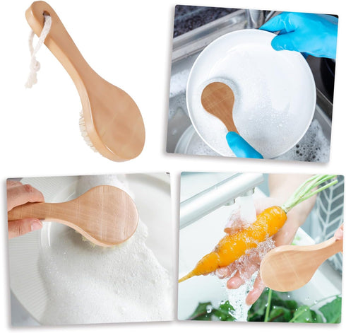 PEUTIER 7.87x3.15 Inch Vegetable Brush, Wood Potato Scrubber with Long Ergonomic Handle Fruit Scrub Brush Carrot Brush