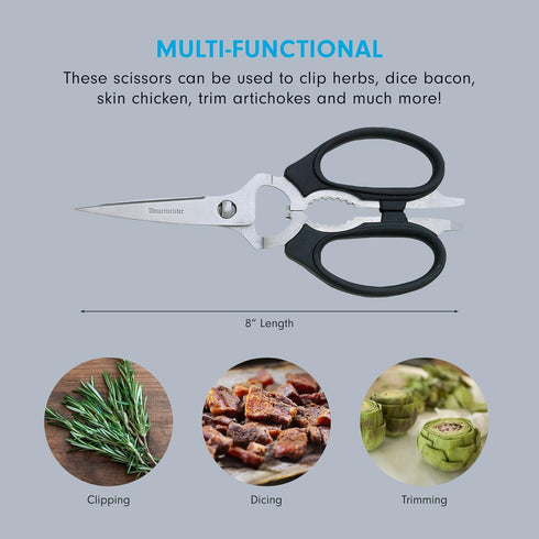 Messermeister 8-Inch Take-Apart Kitchen Scissors, Black, Includes Screwdriver, Nut Cracker, Jar Lid Opener