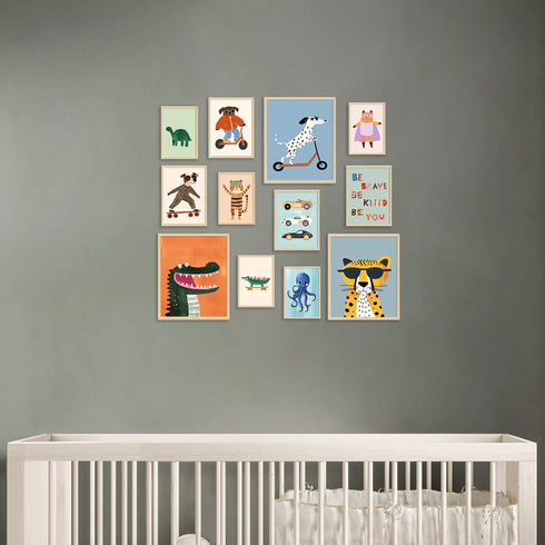 Aroutde 12Pcs Baby Nursery Room Decor, Cartoon Animal Playroom Canvas Wall Art Kids Transport Inspirational Quotes