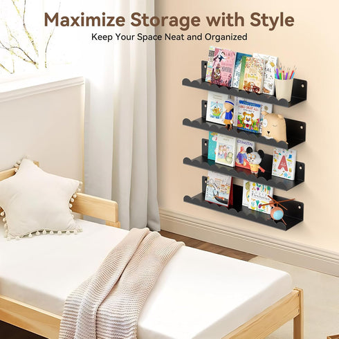 17 Inch 4 Pack, Nursery Book Shelves, Metal Floating Shelves for Wall Scalloped Shelves, Wall Mounted Book Shelf