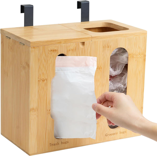 Trash Bag Dispenser & Grocery Bag Organizer, 2 in 1 Bamboo Garbage