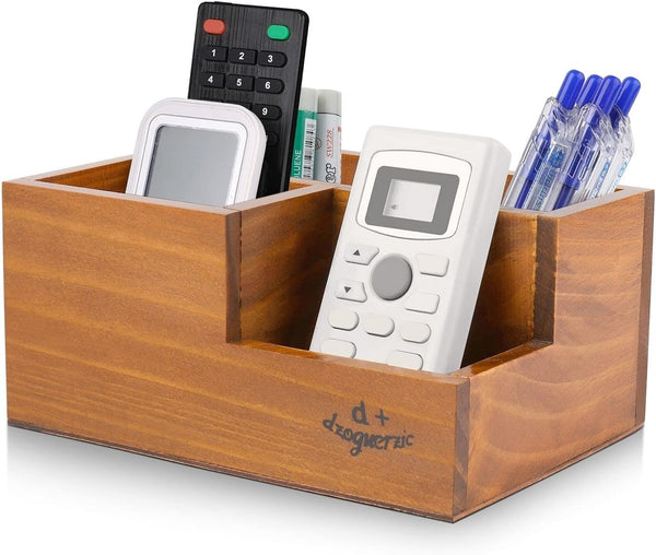 Flexzion Rustic Vintage Wooden Remote Control Holder - 3 Slot Desktop Organizer for TV Remote Storage Caddy