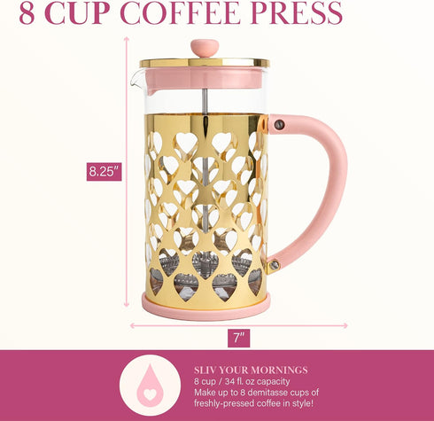 Paris Hilton French Press Coffee Maker - 2-Piece Set with Heart Shaped Measuring Scoop, 8-Cup or 34-Ounce, Pink