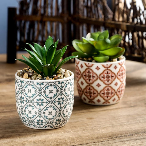 Artificial Plants Succulent Flowers in Ceramic Planter, 2 Pack Small Fake Plants for Home Office Desk Decor