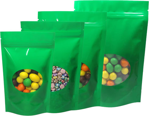 Double-Sided Stand-Up Pouch, Matte/Glossy Color with Clear Round Window, 100 Bags/Pack (6.3" x 8.7", Glossy Green)
