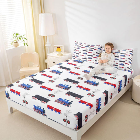 Set Erosebridal Cartoon Train Bed Sheets Red Blue Train Sheet for Boys Child,Kids Vehicles Fitted Sheet Kids Car Theme