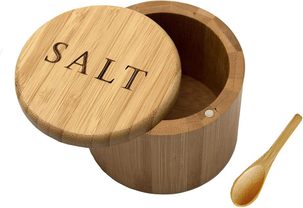 Bamboo Salt Cellar with Spoon, Salt Container with Lid, Magnetic Swivel Lid Salt Shaker