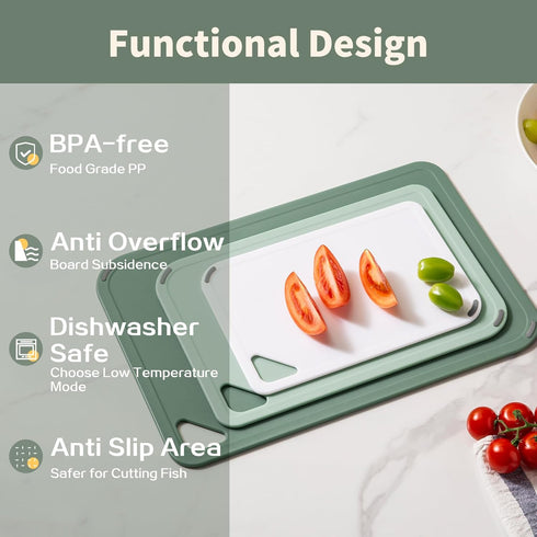 Plastic Cutting Board Set of 3, BPA Free, Large-Small Non-Slip Chopping Boards, Dishwasher Safe, Green