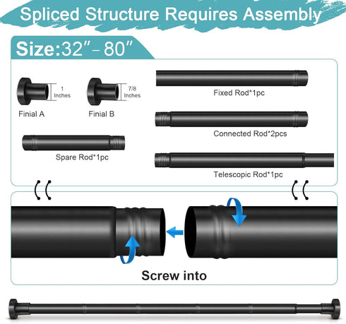 Black Shower Curtain Rod 32-80 Inch, Non-Slip Stainless Steel No Drill Spring Tension Rod for Bathroom & Window