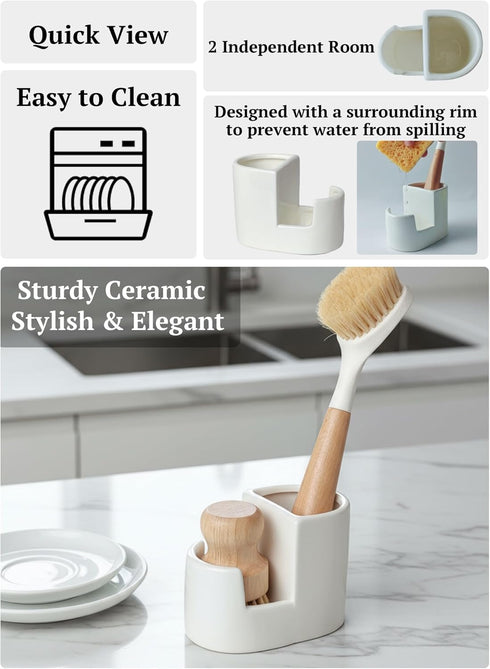 2-in-1 Countertop Countertops Ceramic Sponge Holder for Kitchen Sink, Sponge & Brush Organizer, Compact Sink Caddy