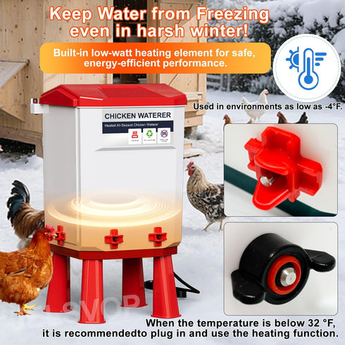 7L 4 Summer Heated Chicken Waterer, Chicken Water Heater Bucket for Winter with Nipple Drinkers, Anti-Freezing, Winter
