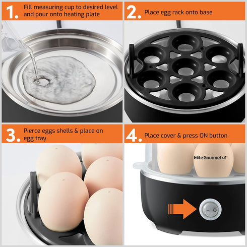 EGC115B 7-Egg Elite Gourmet Easy Egg Cooker Electric Capacity, Soft, Medium, Hard-Boiled Egg Cooker with Auto Shut-Off