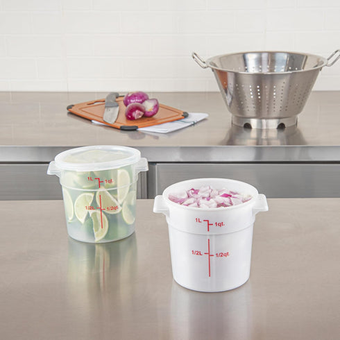 Restaurantware-Met Lux 1 Quart Food Storage Container: White Storage Container with Red Volume Markers, Lids Sold