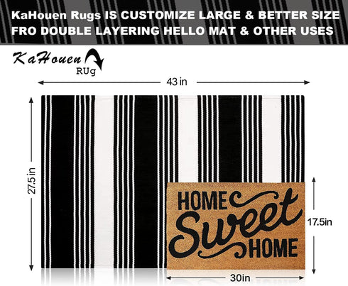Black and White Striped Outdoor Rug 27.5 x 43 Inches, Hand-Woven Reversible Foldable Washable Outdoor Rug Stripe for Layered Door Mats Porch/Front Door by KaHouen