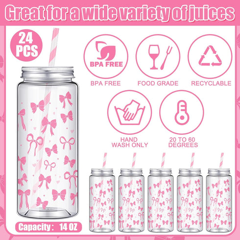 Chuangdi 24 Sets 14 oz 24 25 Pink Bow Bottles with Straws and Metal Lids Plastic Coquette Bottles Paper Straws Tumbler