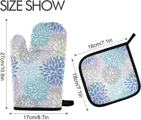 Dahlia Flower Oven Mitts and Pot Holders Set, Heat Resistant Non-Slip Daisy Sunflower Oven Gloves for Cooking Baking BBQ
