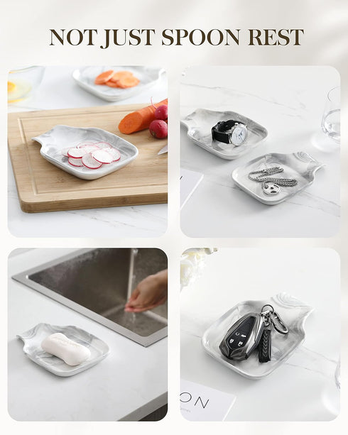 MALACASA Large Spoon Rest, Marble Grey Porcelain Holder for Kitchen Counter, Utensils Rests for Spatula, Ladle, Tongs