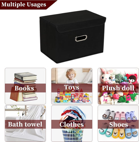 STOREONE Fabric Storage Cube Bins, Foldable Organizer Container with Lids and Metal Handles, Black, 3 Pcs