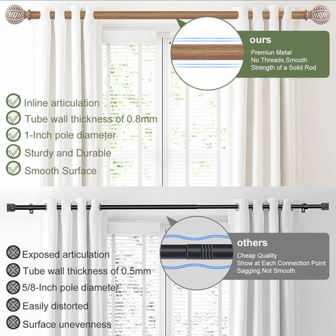 Wood Curtain Rods 18 to 60 Inch, 1 Inch Boho Adjustable Imitation Wood Grain Decorative Rods