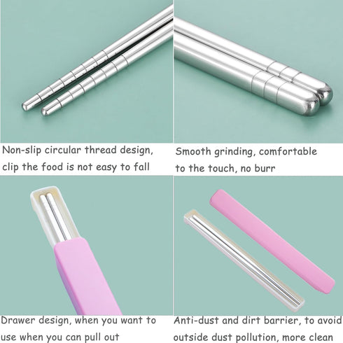 Metal Chopsticks, Reusable Stainless Steel with Pull Design Case for Travel and Bento Box (Pink)