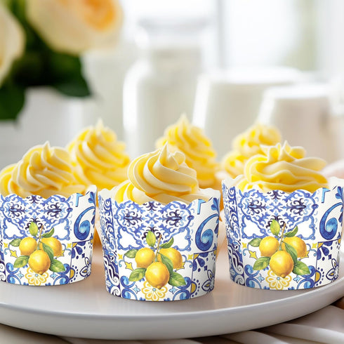 100Pcs Lemon Paper Baking Cups - Blue Yellow Scalloped Edge Cupcake Wrappers, Muffin Cases for Summer Party Supplies