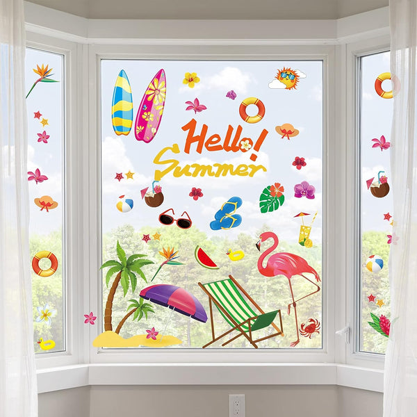 Colorful Summer Window Clings - Beach Hawaii Window Stickers Decals for Pool Party Baby Shower Birthday Decoration