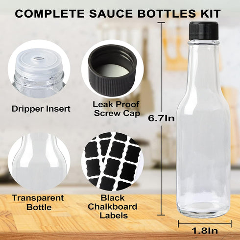 30 Pack Hot Sauce Bottles, 5oz Clear Woozy Bottles with Leak Proof Black Caps and Labels