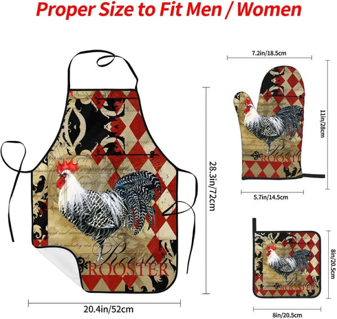 Rooster Print Oven Mitts and Pot Holders Sets with Apron 5Pcs Heat Resistant Rooster Kitchen Mitten Gloves and Non-Slip Potholders Apron Sets Oven Gloves Hot Holders for Baking Cooking BBQ by MIFSOIAVV