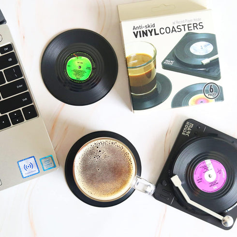 Funny Retro Vinyl Record Coasters for Drinks, Set of 6 with Vinyl Record Player Holder for Music Lovers, Gift Ideas