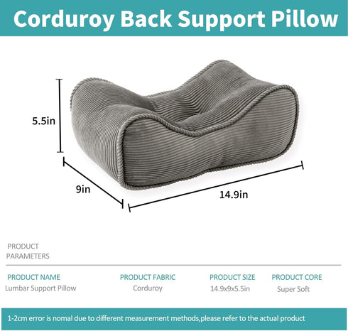 Lumbar Support Pillow for Office Chairs, Back Support Pillow for Lower Back Pain Relief, Soft & Good Support Corduroy Desk Lumbar Cushion, 14.9"x9"x5.5", Small (Grey)