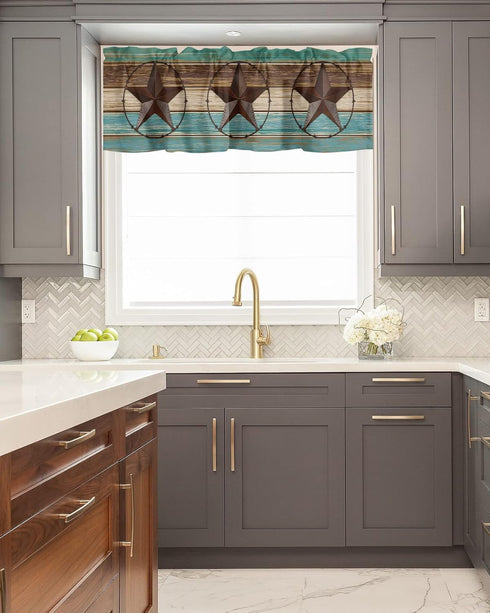Western Valances Curtain 1 Panel for Kitchen Cafe, Teal Brown Wood Grain, 42"x12", Rod Pocket Window Treatment