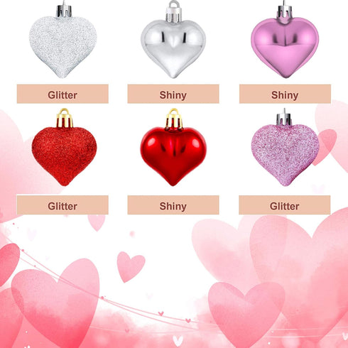 Emopeak 24 Pieces Romantic Heart Ornaments for Valentine Tree, Valentine's Day Heart Baubles - 2 Styles