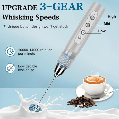 Milk Frother Handheld for Coffee, Electric Whisk 3 Speed Adjustable, Drink Mixer with 3 Stainless Whisks, Rechargeable