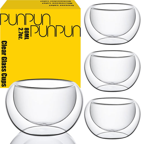 PunPun 2.7oz. Double Wall Borosilicate Glass Tea Cups, Set of 4 Heatproof Insulating Espresso Cups