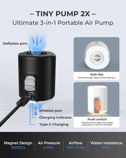 FLEXTAILGEAR Portable Air Pump with Camping Lantern, Rechargeable Air Mattress Pump for Inflatables