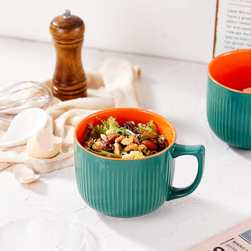 Ceramic Soup Bowl with Handle and Vented Lid, 32oz Large Deep Mug for Ramen and Instant Noodles (Green)