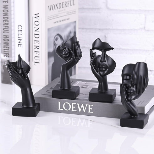 4 Set PCS Black Thinker Statue Abstract Sculptures Home Decor for Bookshelf, Office, TV Stand Knick Knacks See No Evil