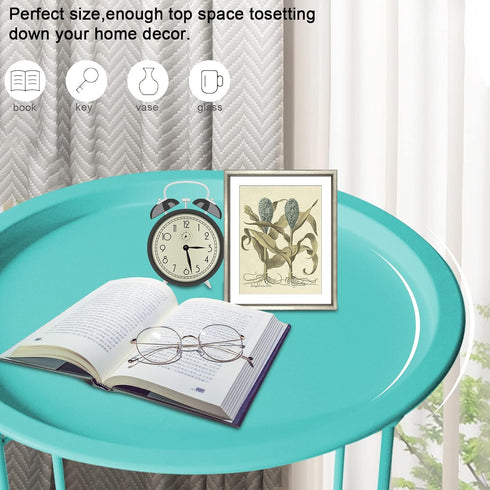4 Garden you End Table Metal Side Table Green Round Folding Tray Cyan Sofa Small Accent Fold-able Table, Round End
