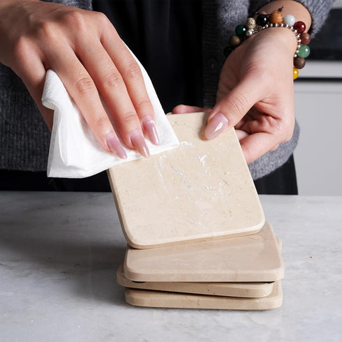 Set 6 3.9" inches Koville of Natural Marble Coasters for Coffee Table with Holder, Beige Yellow Marble Coaster Square