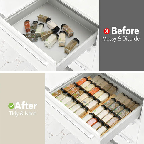 3.1 4 12" 23" Bamboo Spice Drawer Organizer, (Need Deep Drawer) Expandable Tier Spice Rack for Cabinet (From to Wide)