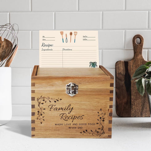 YOJO Handcrafted Recipe Box: Wooden Recipe Box with 50 Double Sided 4x6 Recipe Cards and 6 Dividers