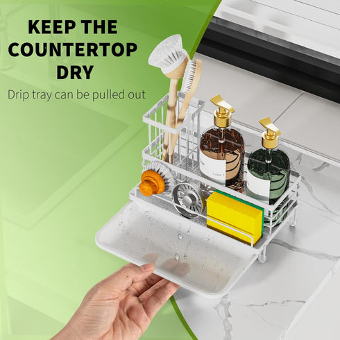 Cisily White Sink Caddy Kitchen Sink Organizer, Sponge Holder for Kitchen Sink with Removable Drip Tray for Countertop Dish Soap Holder Dispenser Higher Brush Holder, 304 Stainless Steel Accesorios by Cisily