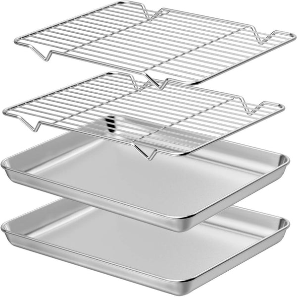 Wildone Baking Sheet with Rack Set, 10 x 8 x 1 Inch - Stainless Steel Cookie Pan with 2 Racks, Heavy Duty