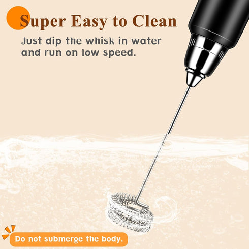 Handheld Rechargeable Milk Frother with Stand, Electric Whisk for Coffee, Detachable with 3 Stainless Whisks, Black