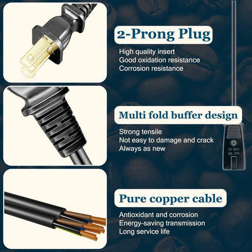 Percolator Power Cord for Farberware Coffee Maker Model 138B 142A 142B 142NT, 2pin Black 3ft Length (1-Pack)